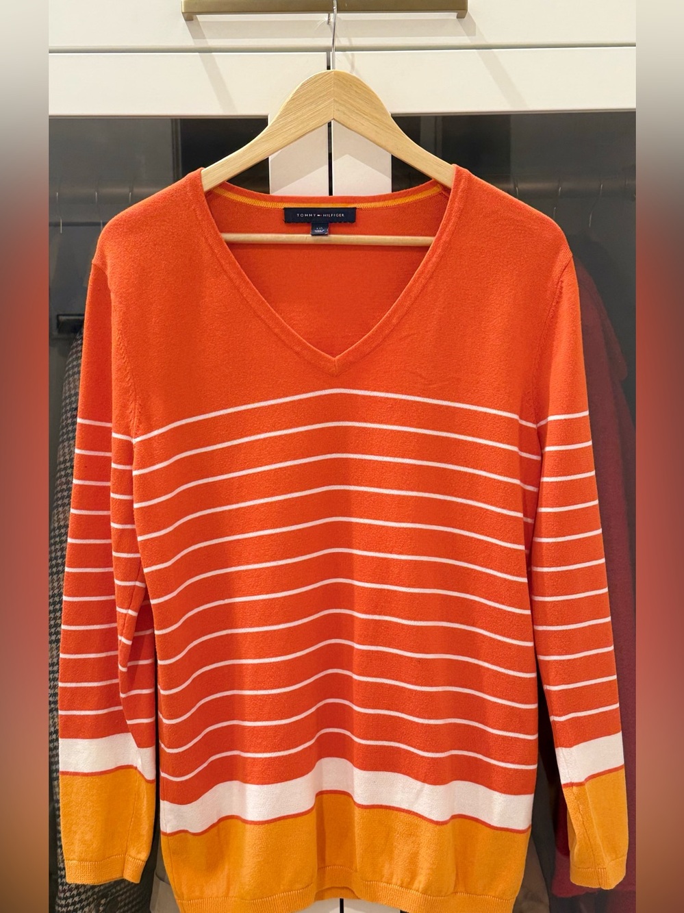 Tommy Hilfiger Orange & White Striped V-Neck Pullover with Yellow Hem | L